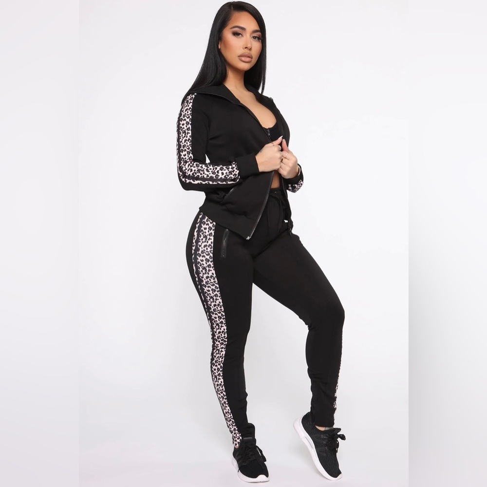Black and Cheetah Print Zip Up Matching Set
